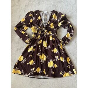 WAYF Floral Mini Dress Brown Yellow Long Sleeve Tie Front‎ XS